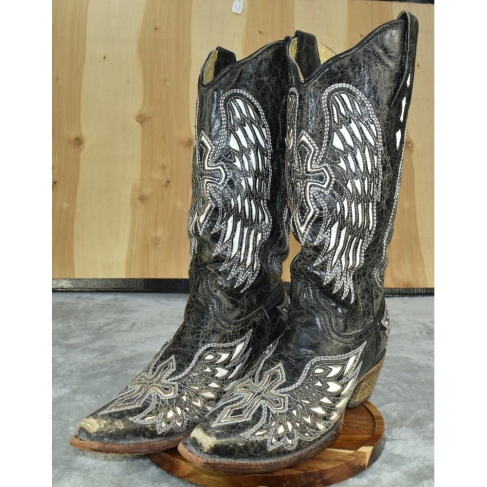 Vintage Corral Angel Wings Women Boots Size 8 M Distressed Leather Black Cowgirl